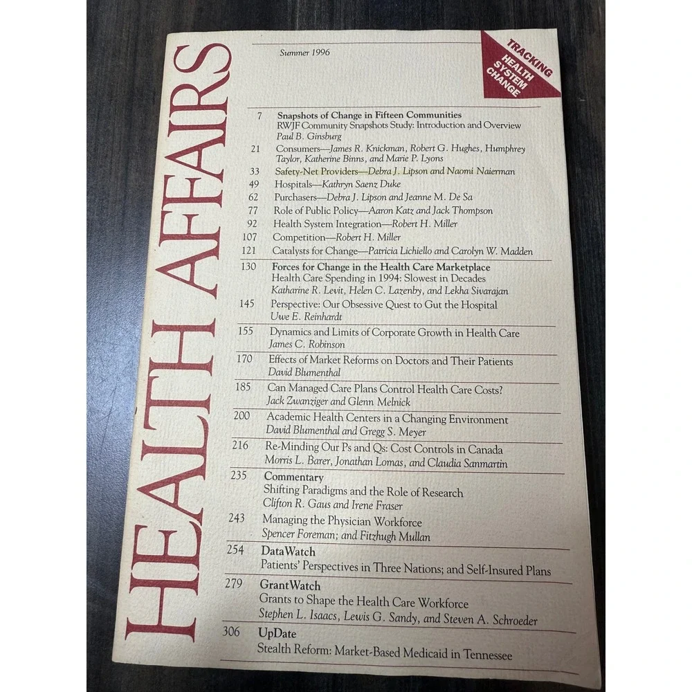 Health Affairs Journal Summer 1996 Healthcare Policy Research Economics Articles